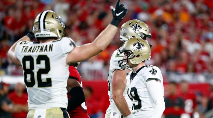 New Orleans Saints kicker Brett Maher (19) celebrates as he makes a field goal against the Tampa Bay Buccaneers